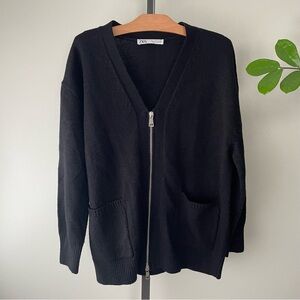 Zara Wool Blend Oversized Slouchy Knit Zip Up Cardigan Sweater Black Size Small